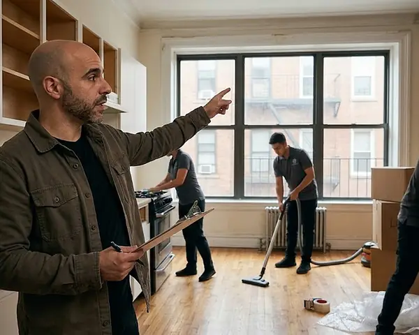A man directing a move-out cleaning crew in a bright, emptied apartment